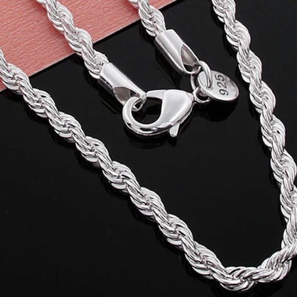 Silver 24” Twisted Rock Chain 3mm Necklace Men Or Women - Picture 5 of 6